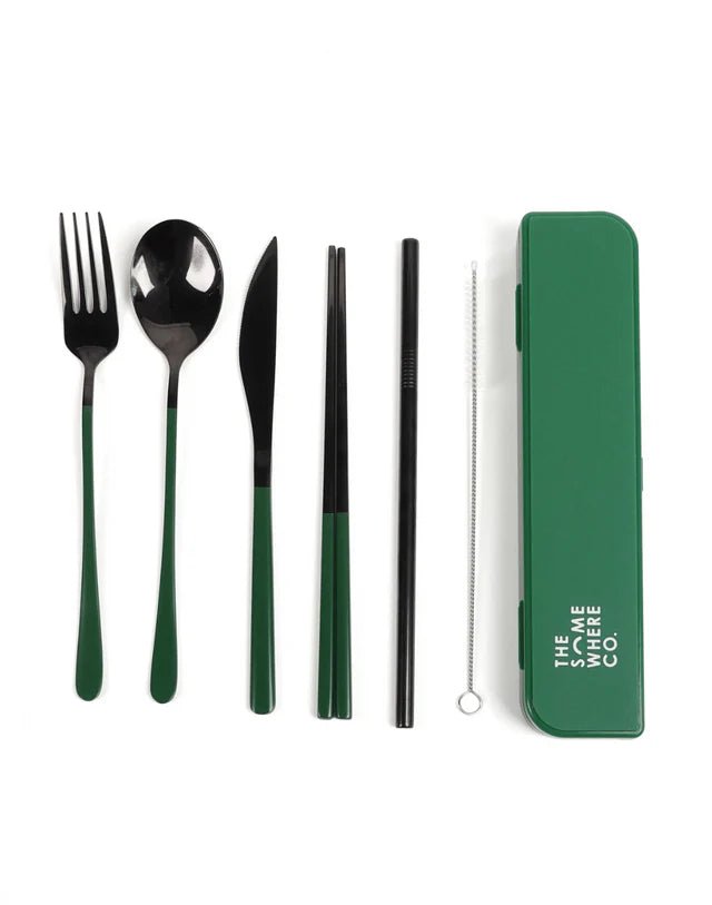 Cutlery Kit - Black with Forest Green Handle - Prepp'd Kids - The Somewhere Co