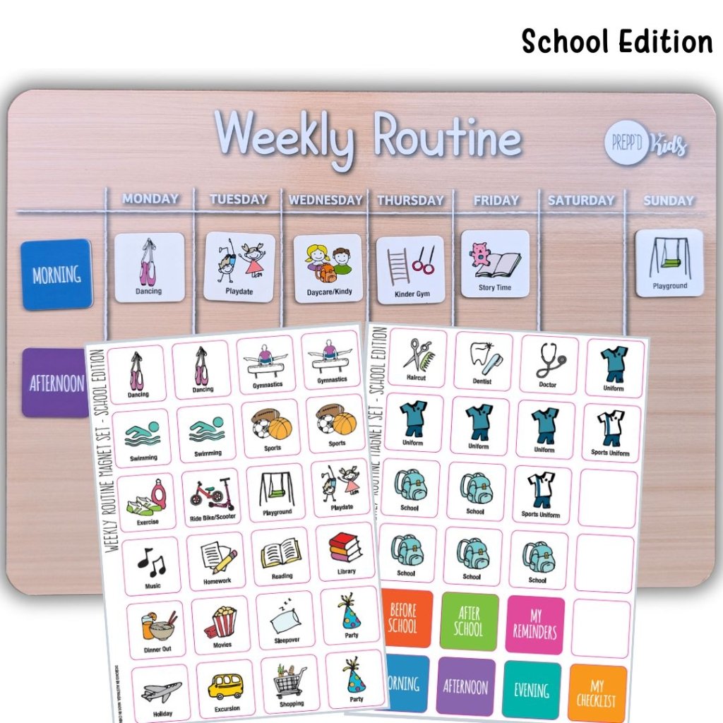 Weekly Routine Chart Set - School Edition (Timber | with stand) - Prepp'd Kids - Prepp'd Kids