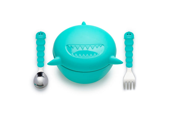 Silicone Animal Bowls with Lid + Utensils - Shark - Prepp'd Kids - Melii